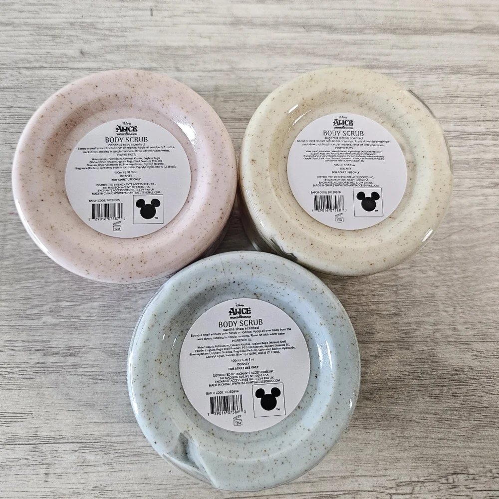 Disney Alice In Wonderland Set Of 3 Body Scrubs Vanilla Lemon Coconut Rose Scent - Picture 3 of 7